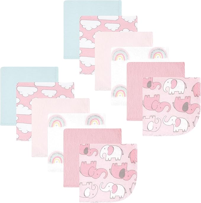 Hudson Baby Unisex Baby Flannel Cotton Washcloths 12-Pack, Girl New Elephant, One Size