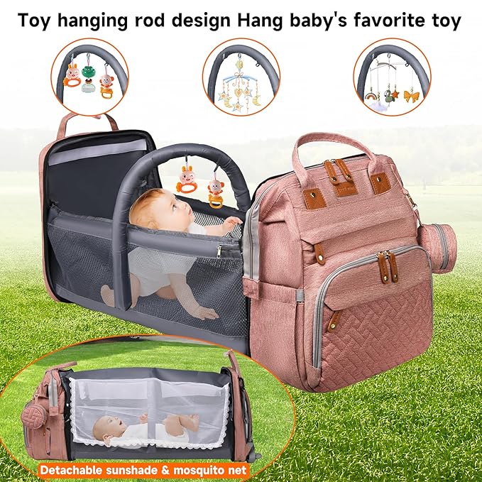 Baby Diaper Bags with Changing Station Multifunctional Waterproof Diaper Bag Backpack Travel Baby Bag with Changing Pad, Pacifier Case,Baby Essentials(Pink)
