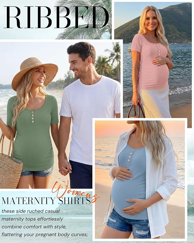 4 Pack Womens Maternity Shirts Scoop Neck Cotton Short Sleeve Ribbed Pregnancy Top Henley Side Ruched Mama Clothes