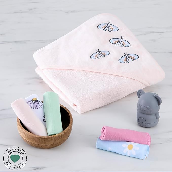 Evolur Secret Garden 6 pc Baby Gift Set, Includes Hooded Towel & 5pc Wash Cloths, Soft and 100% Cotton Woven, for Newborn, Infants and Toddlers 0-9 Months