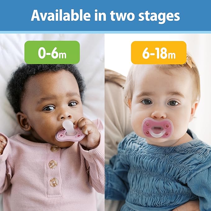 Dr. Brown's Advantage One-Piece Silicone Baby Pacifier, Fully Symmetrical Soother, Pink/Ecru/Pink/Gray/Green/Tan, 0-6m, BPA Free, 6 Pack