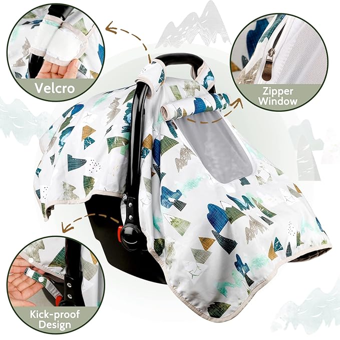 Baby Car Seat Cover, Car Carseat Canopy Boys, Minky Cozy & Warm Cover, Infant Carrier Cover with Peep Windows, Soft & Breathable, Adventure Mountain Nursery Theme