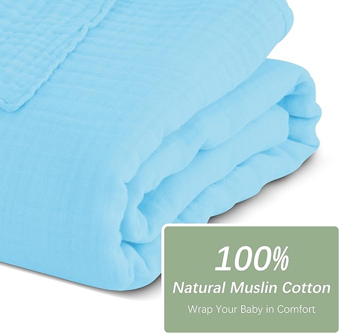 SWEET DOLPHIN Muslin Baby Bath Towels Blanket - 2 Pack 100% Cotton Towel for Babies, Infants, Toddlers - 40x40Inch - Highly Absorbent, Blue
