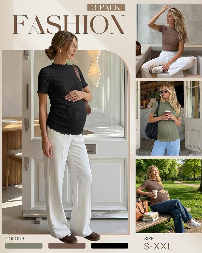 3 Pack Women's Maternity Tops Short Sleeve Ribbed Knit Maternity Shirts Crew Neck Side Ruched Pregnancy Clothes