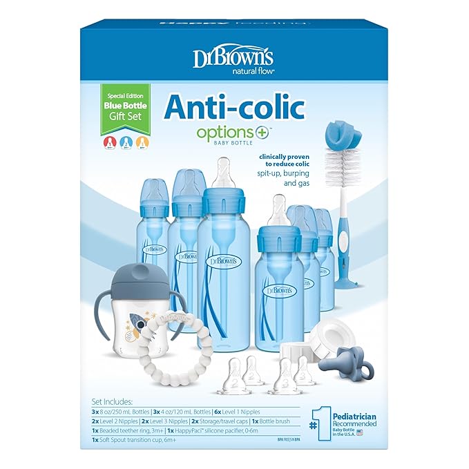 Dr. Brown's Natural Flow Anti-Colic Options+ Special Edition Blue Baby Bottle Gift Set with Soft Sippy Spout Transition Cup, Flexees Teether, Bottle Cleaning Brush and Travel Caps