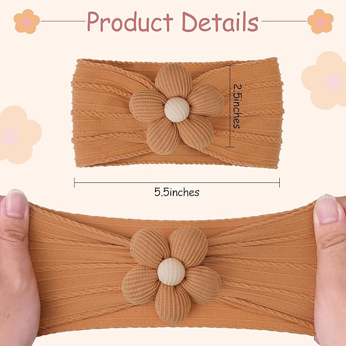 CÉLLOT Baby Flower Headbands Baby Girls Nylon Headbands Baby Essentials Stretchy Hairbands Handmade Hair Accessories for Newborn Infant Toddlers Kids (Pink,Brown,Beige)