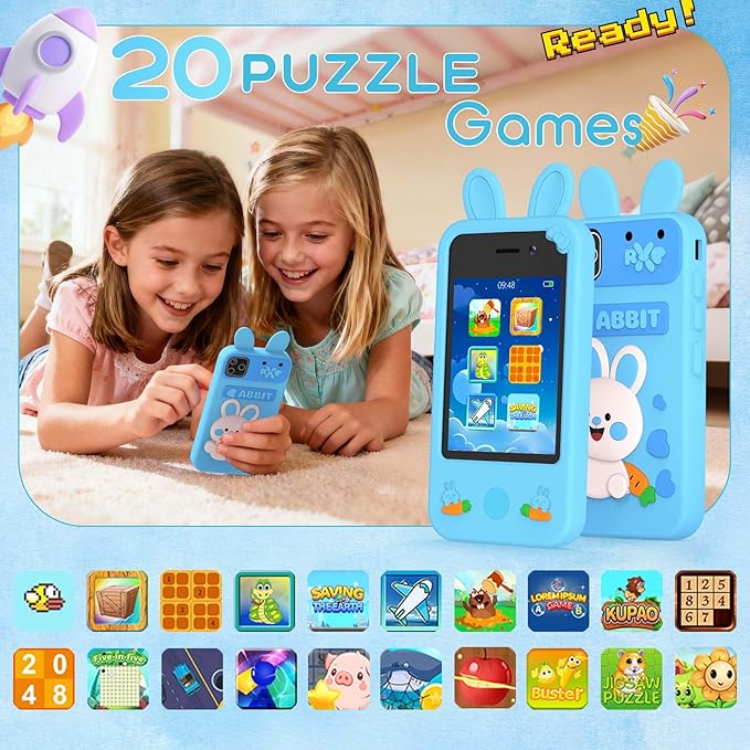 Kids Smart Phone Toy - Toddler Cell Phone 2.8" Touchscreen Dual Camera with 20 Puzzle Games, Safe No WiFi for Kids 3-6, Educational Play Phone, Durable for 5 Year Old Boys Girls (Blue)