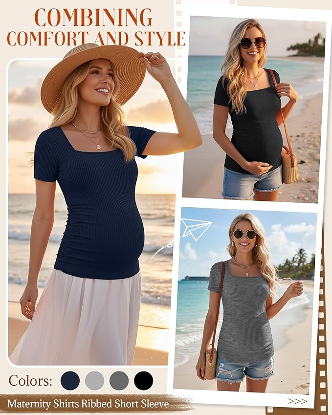 Huukeay 4 Pack Women's Maternity Shirts Cotton Ribbed Short Sleeve Square Neck Pregnancy Tops Side Ruched Summer Tee