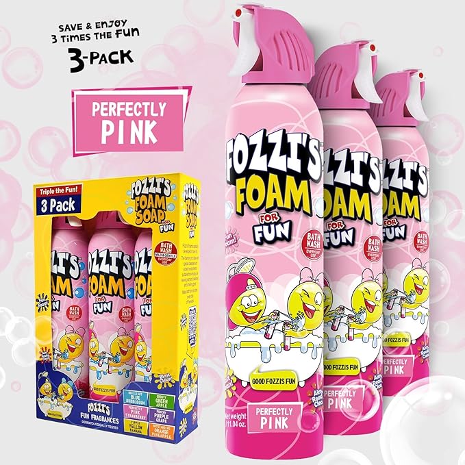 FOZZI'S Perfectly Pink Bath Foam Soap for Kids (3 Pack) - Fun Aerosol Spray - Squishy Bubble Soap for Playtime - Gentle Cleanser Foaming Body Wash - Safe Bath Fun for Everyday Wash