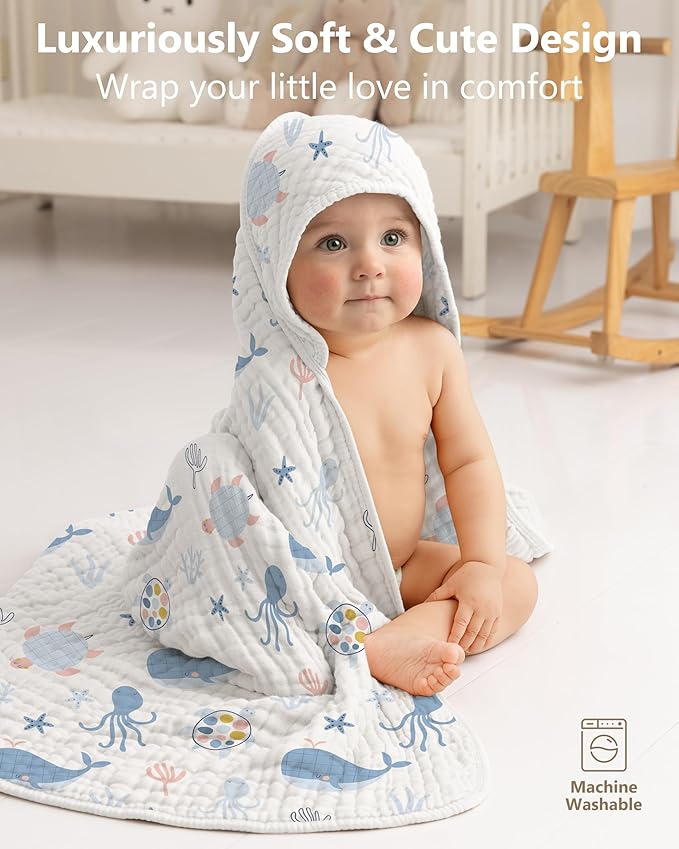 Baby Bath Towels, 100% Muslin Cotton Hooded Baby Towels for Newborn, 2 Pack Baby Towels with Hood for Infant Toddler and Kids, Large 32x32Inch Unisex Bath Essentials, Soft and Absorbent