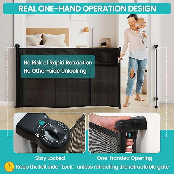 Upgrade Retractable Baby Gates Extra Wide (200" W x 42" H), 200 inch Reinforced Retractable Dog Gate to Prevent Crawling Through, Retractable Gate Outdoor/Indoor, Real One-Handed Operation, Black