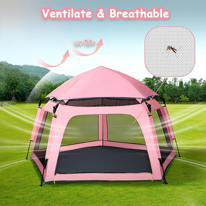 Baby Playpen Pop-up Tent - Outdoor & Indoor Play Tent for Beach with Canopy Travel Bag Portable Play Yard for Babies & Toddlers (Pink)