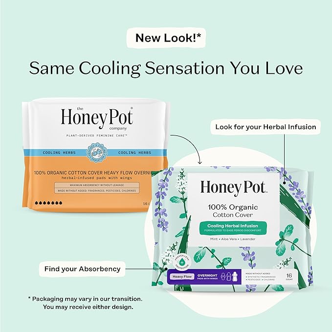The Honey Pot Company - Herbal Sanitary Pads for Women - Heavy Flow Overnight w/Wings - Infused w/Essential Oils for Cooling Effect & Organic Cotton Cover - Feminine Care - 16 ct