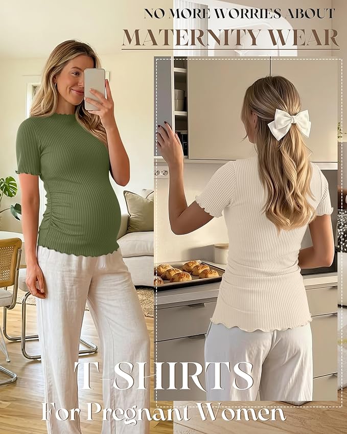 3 Pack Women's Maternity Tops Short Sleeve Ribbed Knit Maternity Shirts Crew Neck Side Ruched Pregnancy Clothes