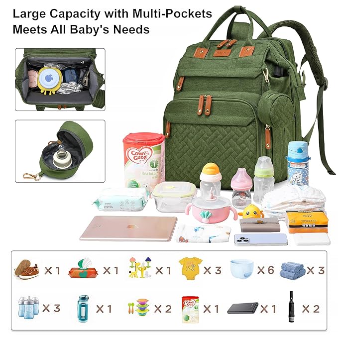 Baby Diaper Bags with Changing Station Multifunctional Waterproof Diaper Bag Backpack Travel Baby Bag with Changing Pad, Pacifier Case,Baby Essentials(Army Green)