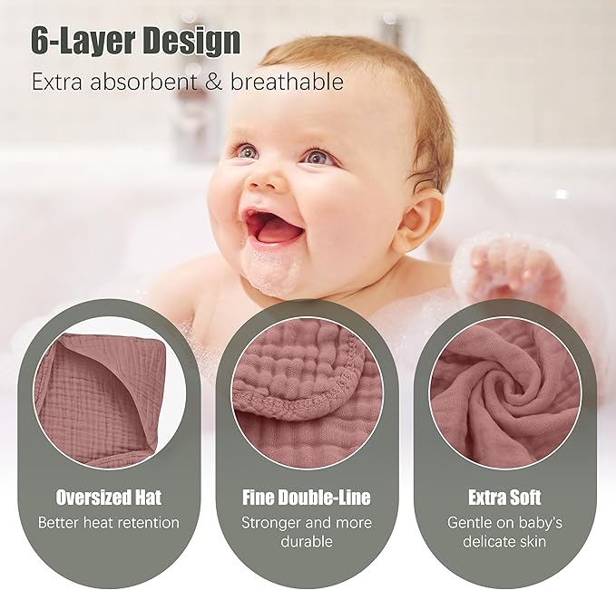 2 Pack Hooded Baby Towels - 100% Muslin Cotton for Newborns, Infants, Toddlers - Large 32x32 Inch Size - Highly Absorbent and Essential for Newborn Care, Deep Bean Paste