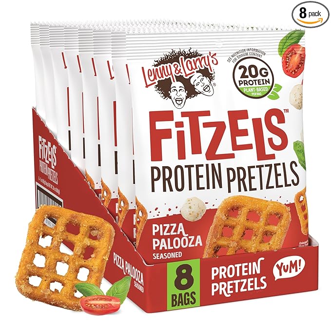 Lenny & Larry's FITZELS Protein Pretzels (Pizza Palooza) 8 Individual Bags 3 oz Each – High Protein Snacks with 20g of Plant Based Protein – Healthy Vegan Pretzels – Delicious Salty Taste