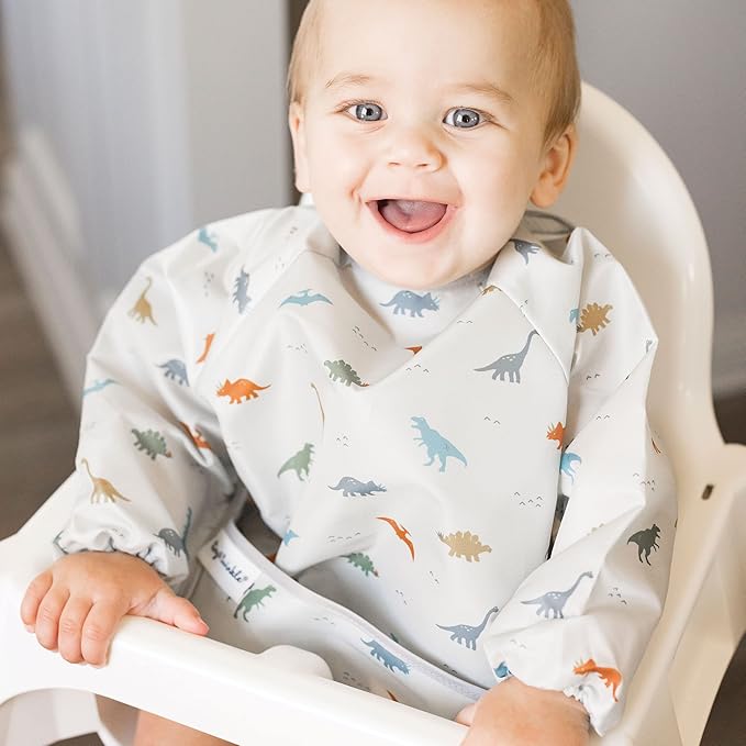 Tiny Twinkle Long Sleeve Bib for Babies & Toddlers | Waterproof Smock Bib for Eating | Machine Washable & Mess-Proof Feeding Essentials | Newborn Shower Gift (Dinosaur, 2-4Y)