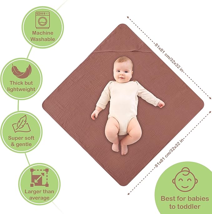 100% Organic Cotton Muslin Baby Hooded Towels 32x32 Inch – 2 Pack Soft & Absorbent Newborn Bath Towels for Boys & Girls, Premium Hooded Towels, Ultra-Gentle Baby Essentials in Rust/Ivory
