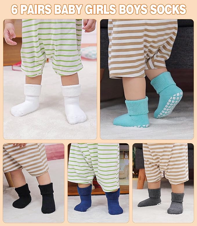 LANLEO Baby Girls Boys Non Slip Socks with Grips Toddler Kids Unisex Warm Thick Cotton Ankle Crew Socks with Grippers
