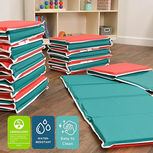 Children's Factory Toddler Nap Mats, Hand-Washable Soft Nap Mat with Pillow for Preschool and Daycare, Red and Green, Set of 10