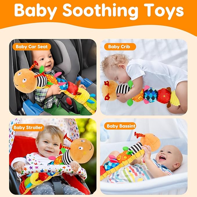 Baby Sensory Caterpillar Toys 0-3 Month Music Animal Stuffed Plush Toy for Infant 0-3-6-12 Month Tummy Time with Crinkle Rattle for Newborn 9-12 Month Toy for Boy Girl Birthday Shower Gifts Orange