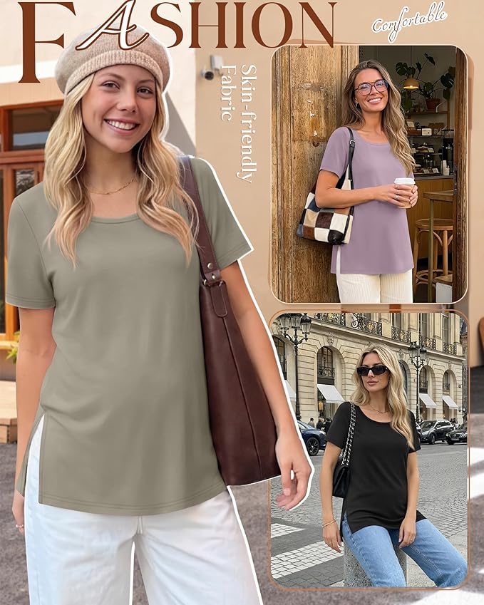 3 Pack Women's Maternity Shirts Short Sleeve Round Neck Side Split Pregnancy Tops Loose Summer Casual Mama Clothes