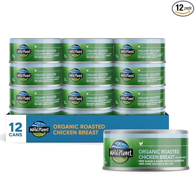 Wild Planet Organic Roasted Chicken Breast With Rib Meat, Skinless and Boneless, Sea Salt, Free Range, Non-GMO, Gluten Free, Keto and Paleo, 5 Ounce (Pack of 12), Packaging May Vary