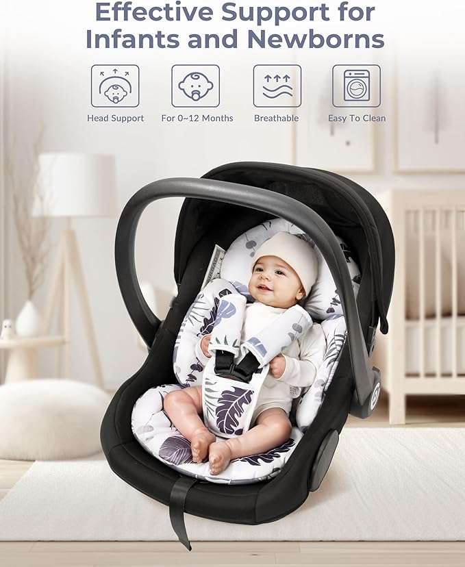 Newborn Car Seat Insert, Head and Body Support, Reversible Infant Insert Compatible with Baby Carseat, Stroller, Mamaroo Swing, Rocker, Bouncer. Baby Car Seat Cushion - Blue Leaf.