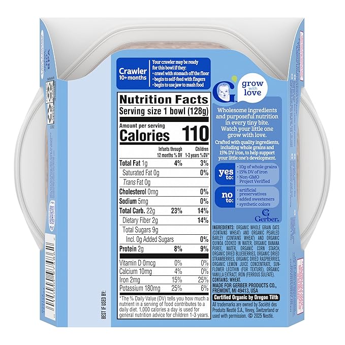 Gerber Stage 3 Baby Food, Organic Morning Bowl, Oats Barley & Quinoa, Baby Oatmeal, 8PK