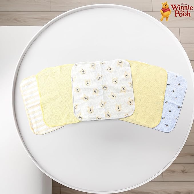 Cudlie Winnie The Pooh Bath Towel Set | Winnie The Pooh Hooded Baby Bath Towel | Includes Hoodie Towel & 5 Wash Cloths | Yellow/White | Officially Licensed