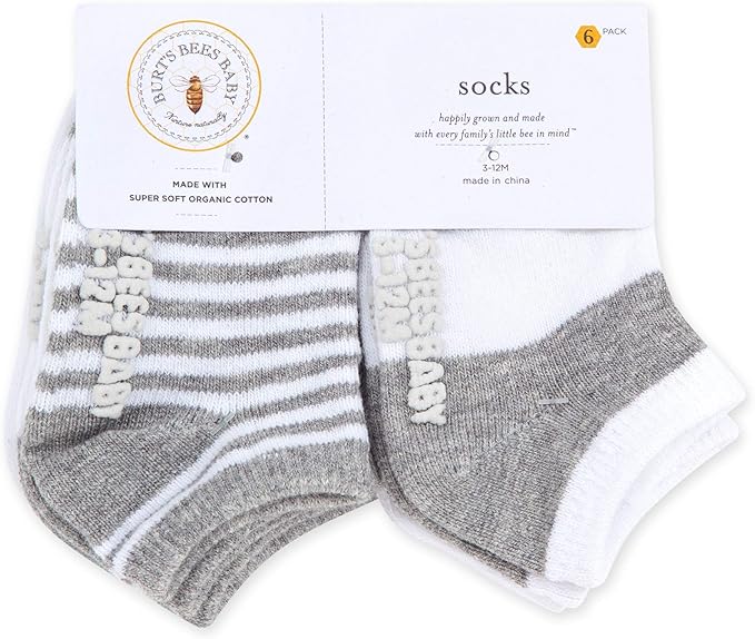 Burt's Bees Baby Baby Girls' Ankle Socks with Non-Slip Grips (6-Pack)