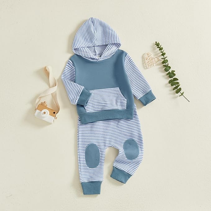 Toddler Baby Boy Hoodies Fall Clothes Waffle Contrast Color Sweatshirt Pant Set Infant Clothes 6 12 18 Months 2T 3T