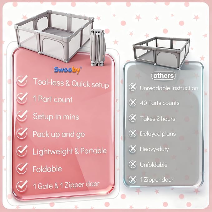 Sweeby Baby Playpen, 59x59 Inch Baby Gate Foldable Playpens for Babies and Toddlers, Extra Large Playpen with Door Play Yard for Kids Fence Indoor and Outdoor Play Pen, Gray