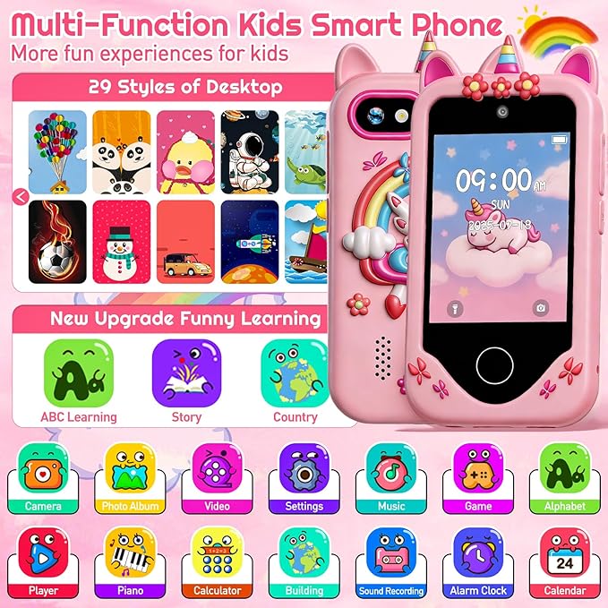Kids Smart Phone for Girls, Touchscreen, 64GB Card Birthday Gifts for Girls Age 3, 4, 5, 6, 7, 8, 10 Year Old, Toddler Educational Learning Toys Phone with Dual Camera, Game, Music Player