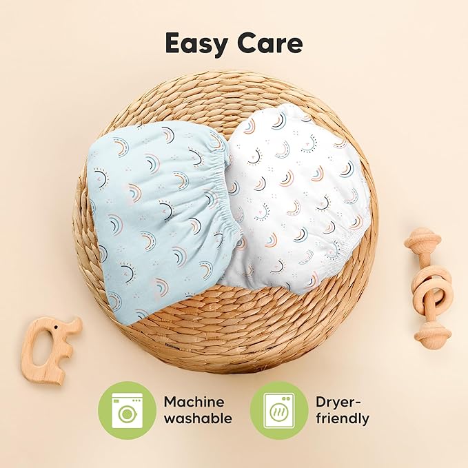 Pack and Play Sheets Fitted - 2-Pack Mini Crib Sheets for Pack N Play Mattress 38x26, Soft & Cozy, Neutral Toddler Playard Bedding, Snug Fitted Mini Baby Crib Mattress Cover Boy, Girl (Jolly Rainbow)