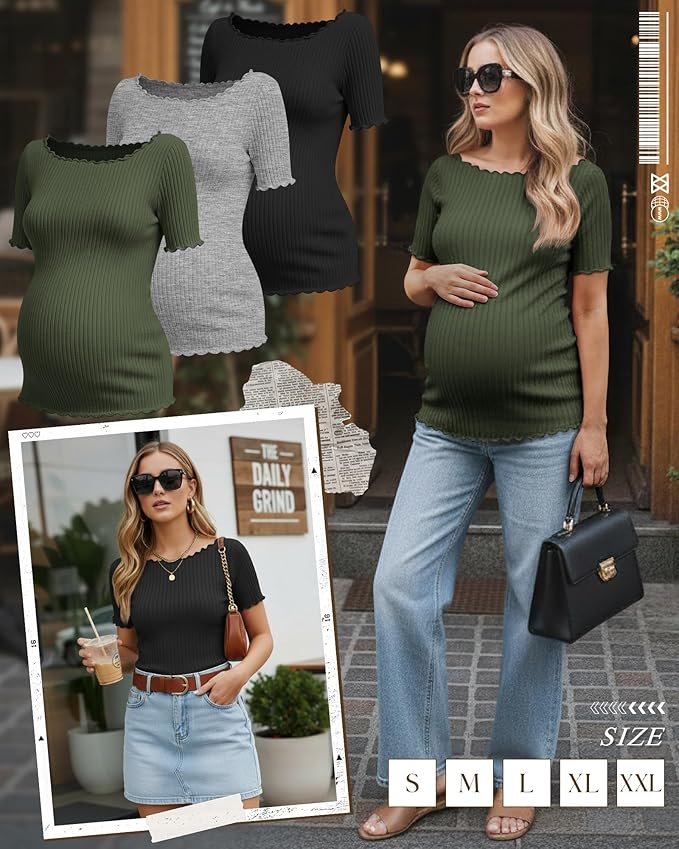 3 Pack Women's Maternity Ribbed Shirts Cotton Short Sleeve Pregnancy Tops Boat Neck Lettuce Trim Mama Clothes