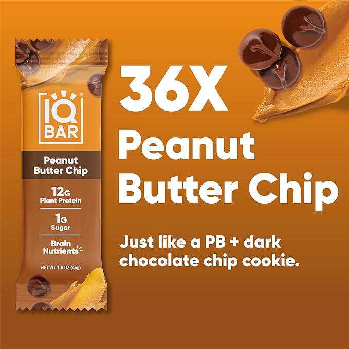 IQBAR Brain and Body Clean Plant Protein Bars - Peanut Butter Chip - 36 Bars - Keto, Vegan, High Fiber, Gluten and Dairy Free, Low Sugar Snack with Nutrients for Focus, Energy, Meal Replacement