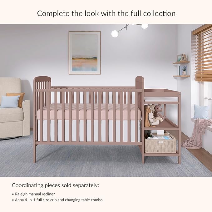 Dream On Me Anna 4 in 1 Full Size Crib and Changing Table Combo in Brown Sugar, Greenguard & JPMA Certified, Converts from Baby Crib to Toddler Bed and Day Bed