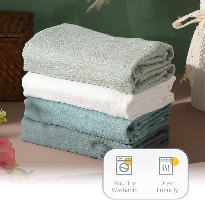 Preboun 4 Pcs Muslin Hooded Baby Towels,32"x 32" Cotton Newborn Bath Towel Muslin Infant Baby Blankets Absorbent Unisex Newborn Registry Gift for Girls Boys(Green Series)