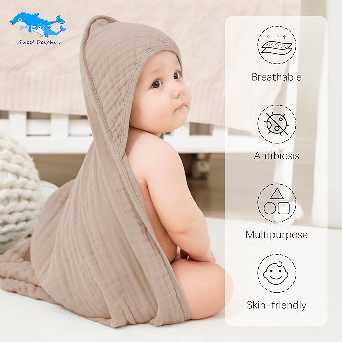 SWEET DOLPHIN Muslin Hooded Baby Bath Towels - 2 Pack 100% Cotton Towel for Babies, Infants, Toddlers - 32x32Inch - Highly Absorbent and Newborn Essential, Brown