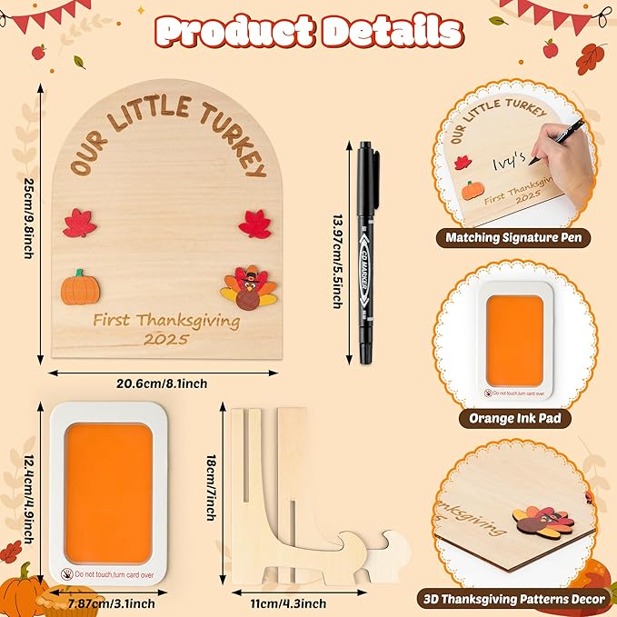 R HORSE DIY Thanksgiving Footprint or Handprint Art Sign with Ink Pad, 3D Turkey Newborn Milestone, Baby’s 1st Thanksgiving Footprint Keepsake Craft Gift Our Little Turkey Baby Shower Nursery Decor