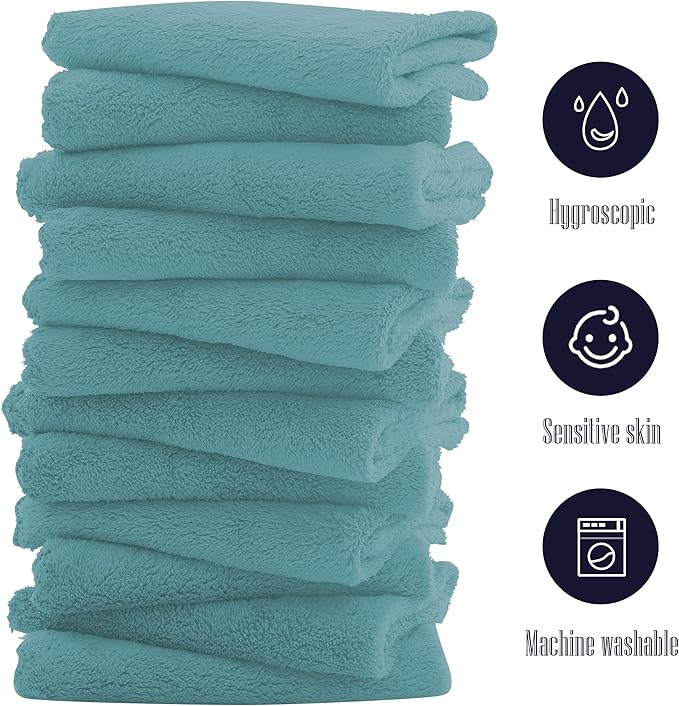 16 Pack Baby Washcloths - Luxury Coral Fleece - Extra Absorbent and Soft Wash Clothes for Newborns, Infants and Toddlers - Suitable for Sensitive Skin and New Born - Baby Shower - Teal, 10x10 Inch