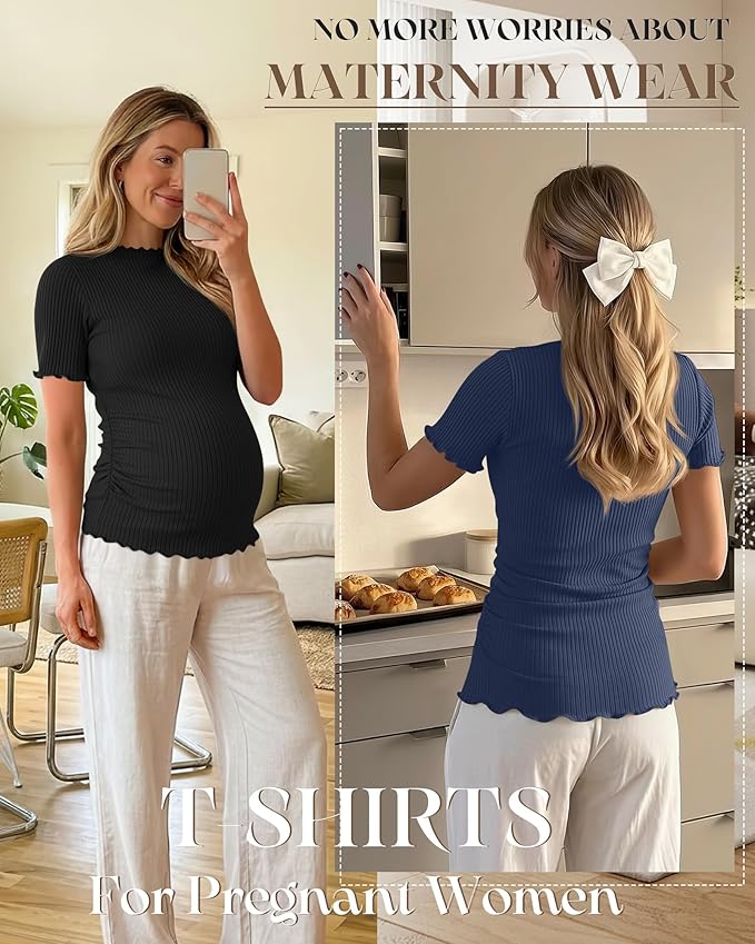 3 Pack Women's Maternity Tops Short Sleeve Ribbed Knit Maternity Shirts Crew Neck Side Ruched Pregnancy Clothes