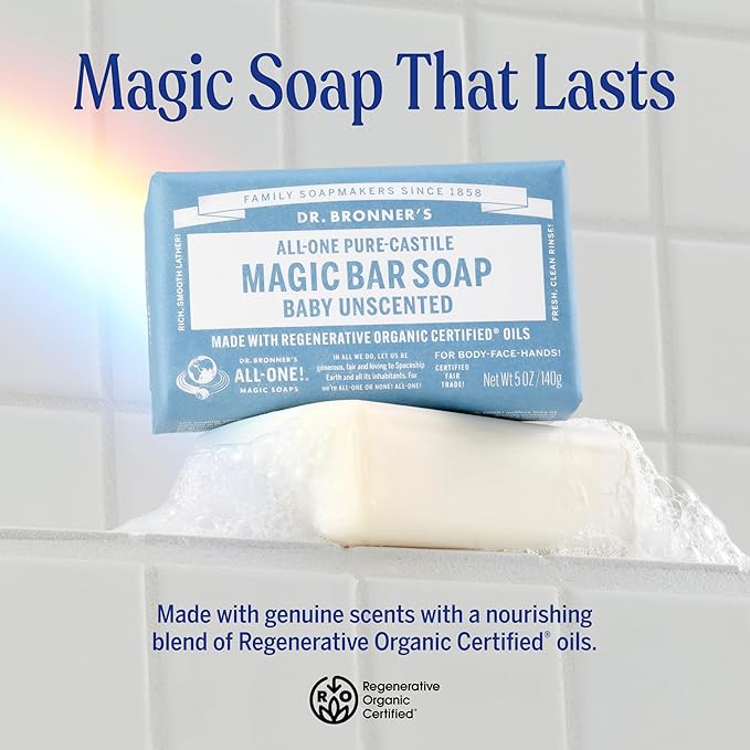 Dr. Bronner's Pure-Castile Magic Bar Soap (Baby Unscented, 5 Ounce, 12-Pack) - Made with Regenerative Organic Certified Oils, Gentle for Sensitive Skin & Babies, Non-GMO, Vegan