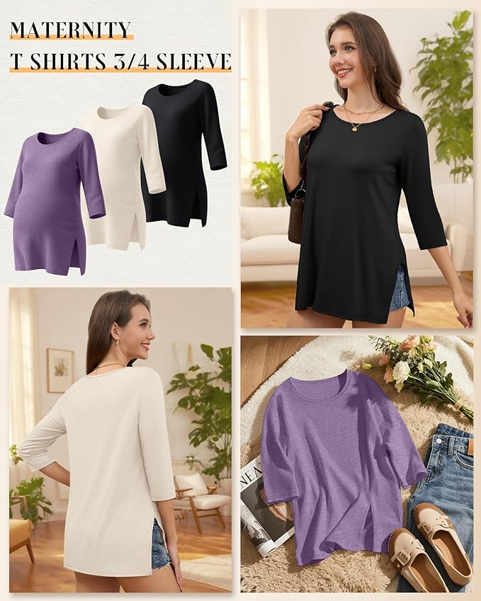 3 Pack Women's 3/4 Sleeve Maternity Shirts Elbow Length Clothes Round Neck Tunics Pregnancy Loose Side Split Tops