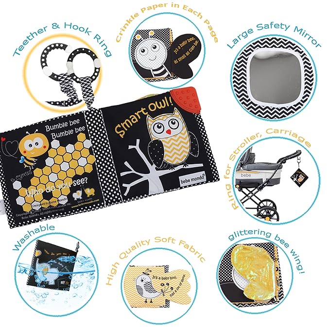 Touch and Feel Cloth Crinkle Books for Babies Infant, Baby Books Toys 0-3-6-12 Months, Christmas Shower Baby Gifts, High Contrast Toy,Teething Teethers, Tummy Time Mirror Toys for Boys and Girls-Owl