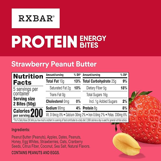 RXBAR Protein Energy Bites, Gluten Free Energy Snacks, Protein Snacks, Strawberry Peanut Butter (60 Bites)