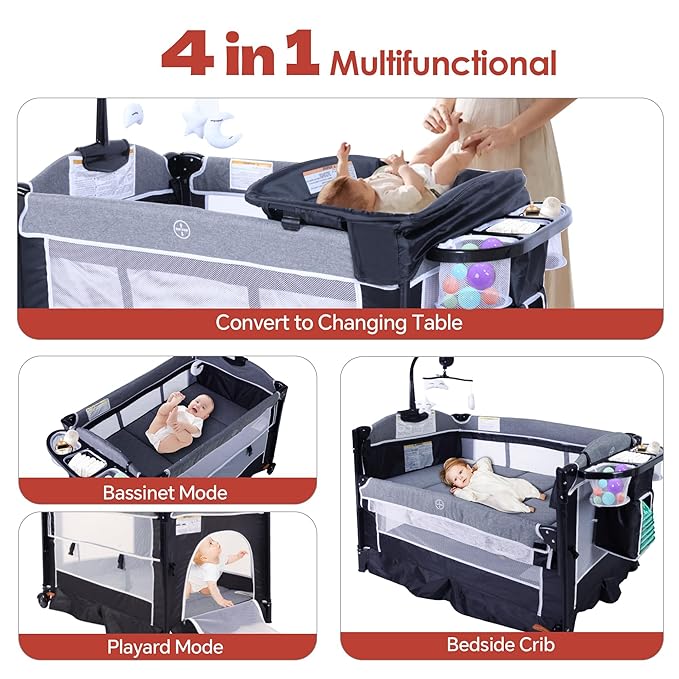 4 in 1 Pack and Play, Multifunction Baby Bassinet Bedside Crib, Portable Baby Nursery Playard w/Changing Table, Storage Basket, One-Hand Folding Playpen for Newborn to Toddlers