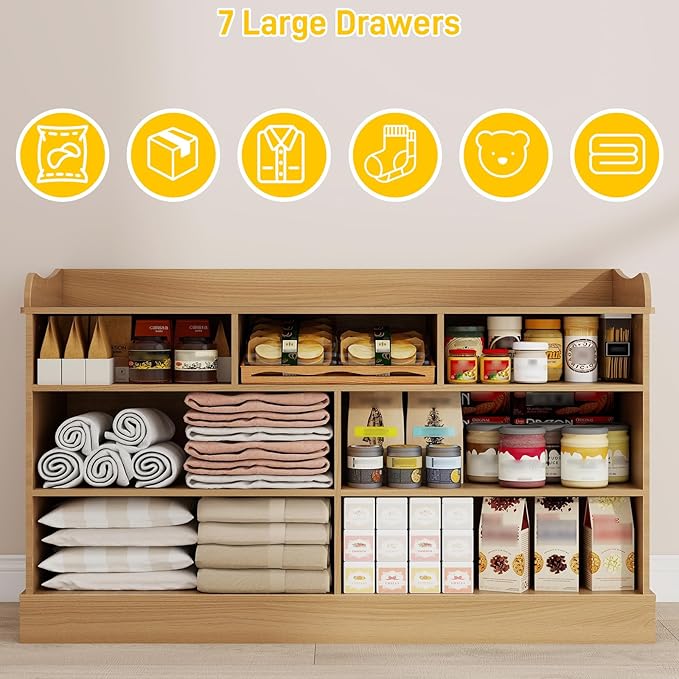 Vabches Kids Dresser Cabinet with 7 Drawers, Changing Table for Nursery, White Chest of Drawers, Baby Dresser, Kids Bedroom Furniture, Nightstand for Child’s Room,Oak